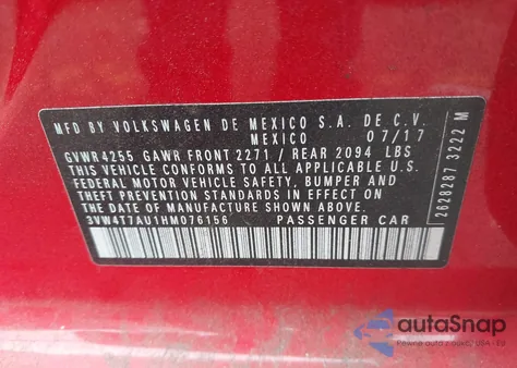 2017 Volkswagen Golf Gti Autobahn 4-Door/S 4-Door/Se 4-Door/Sport 4-Door z USA, uszkodzony, nr VIN 3VW4T7AU1HM076156